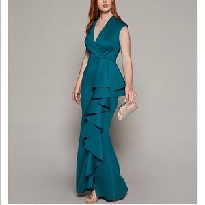 Eliza J Techno Knit Cascading Front Mermaid Gown